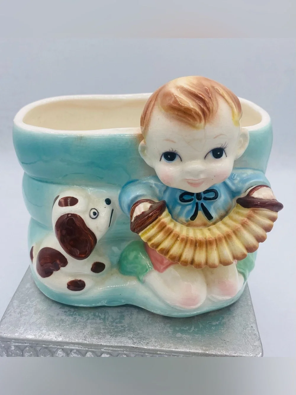 Vintage Rubens Original Ceramic Baby Planter with Accordion & Dog Japan 40s-60s